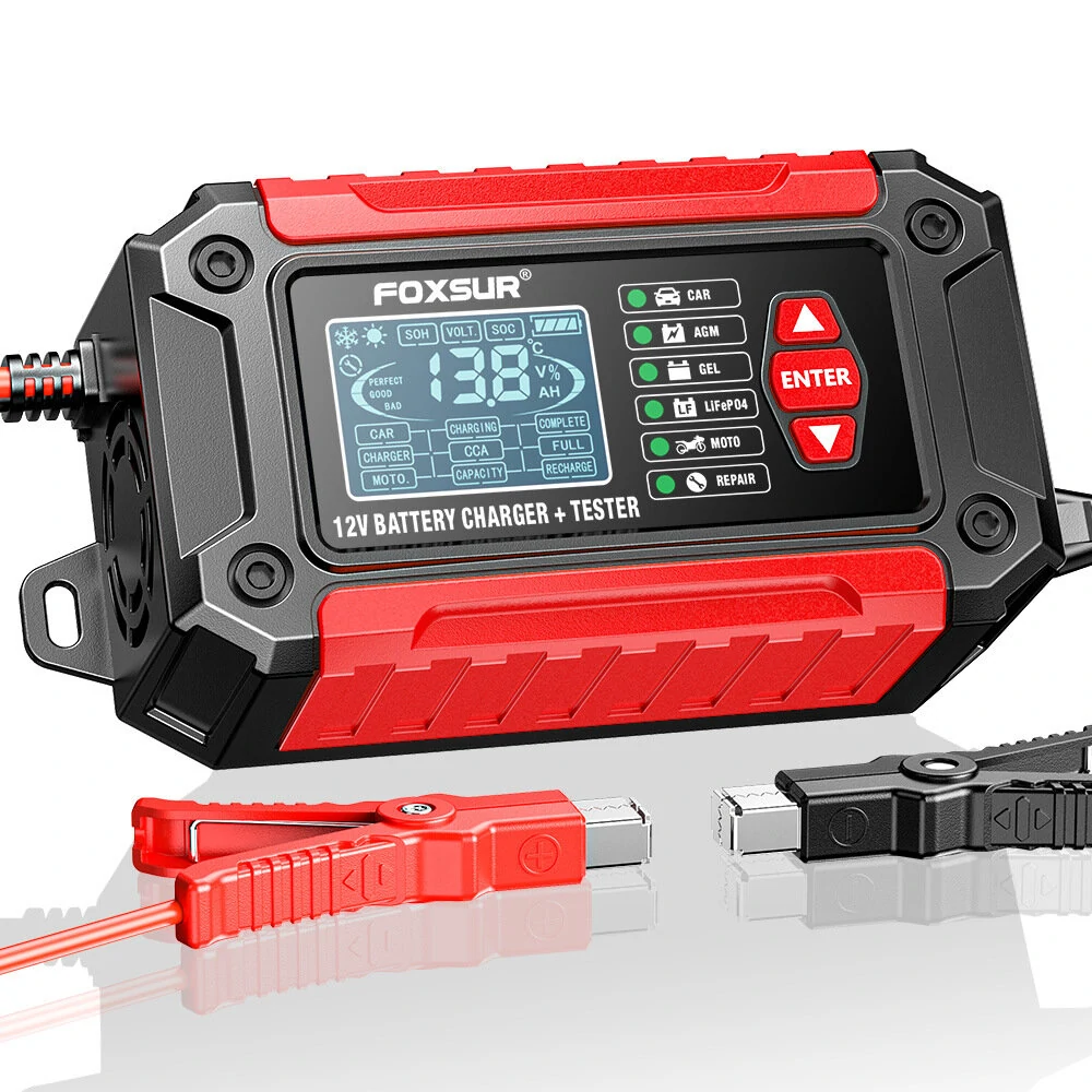 FOXUR FTC-1206 Car Battery Charger Tester | 4AH-200AH Range, Pulse Repair, LCD Screen