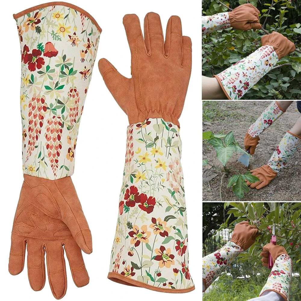 Non-Slip Flower Print Gloves - Breathable Nylon PU Long Sleeves for Cleaning & Gardening