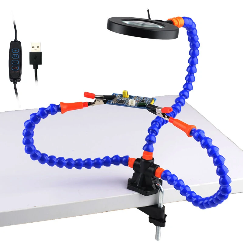 Desk Clip Magnifier with LED Light | 3X Magnifier & Flexible Arm | Soldering Third Hand Tool