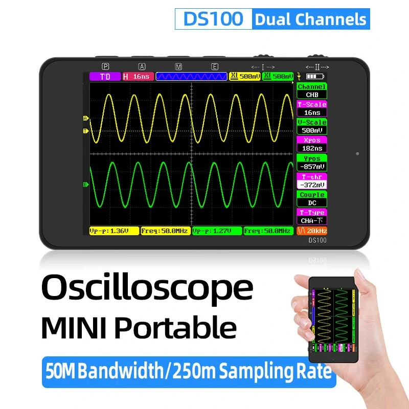DS100 Digital Oscilloscope - 50MHz Bandwidth, 250MSa/s, 3.5 LCD, Portable
