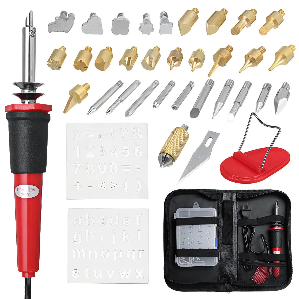 Wood Burning Pen Kit - 37Pcs 30W Pyrography Tool with Tips & Stencil