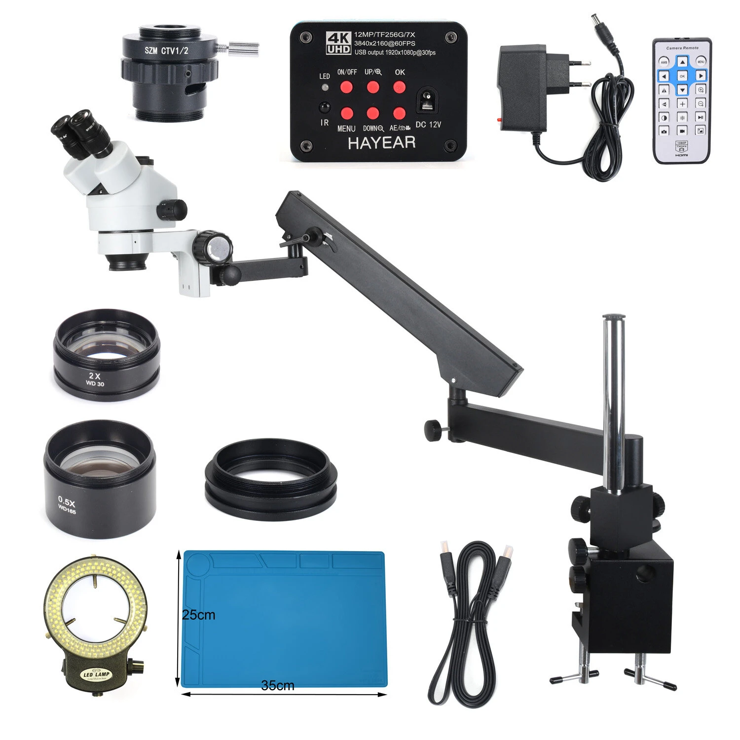 HAYEAR 3.5X-90X Trinocular Stereo Microscope | 4K HDMI Camera | Articulating Arm & Pillar Clamp
