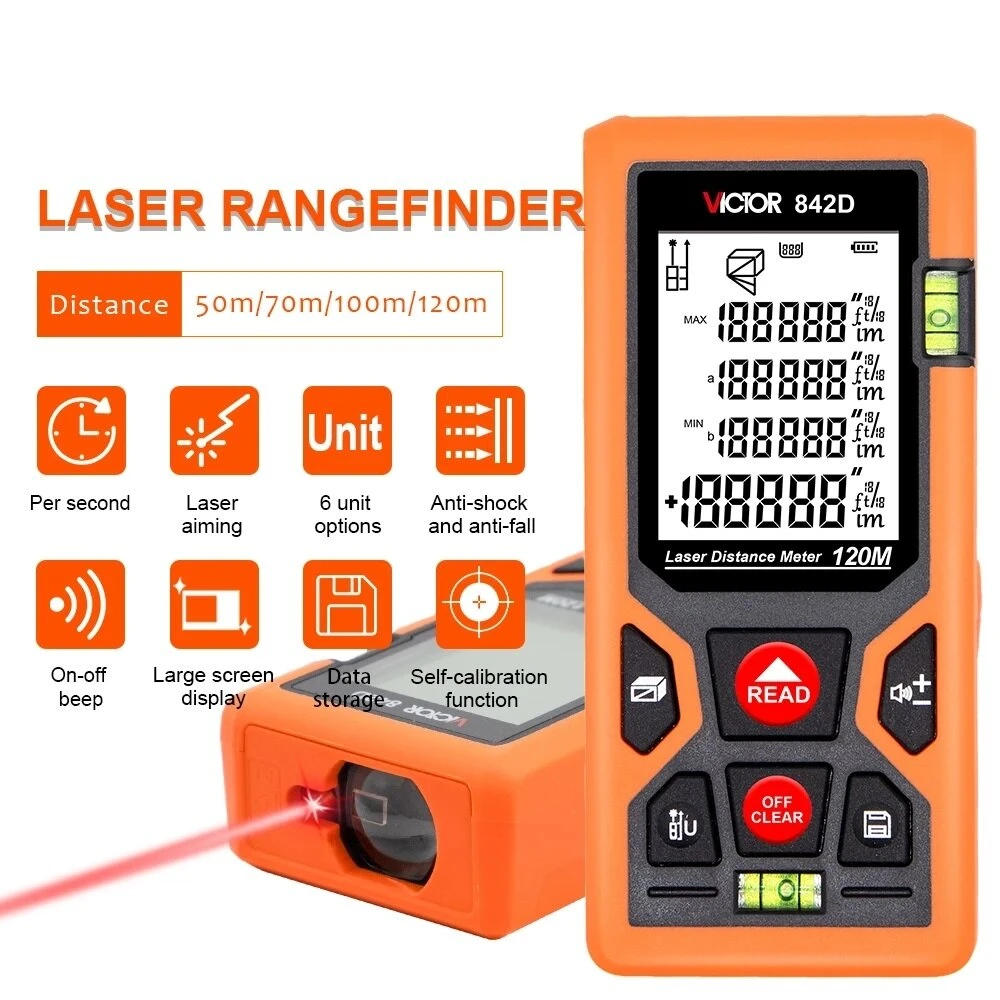Victor VC842 Laser Range Finder - 50m to 120m Infrared Rangefinder & Digital Tape Measure Tool