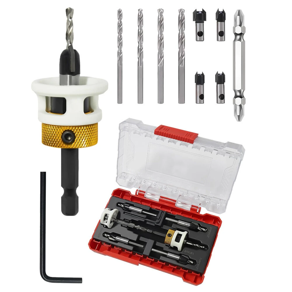 Carbide Tipped Countersink Drill Bits Set - 1/4 Hex Shank with Depth Stop