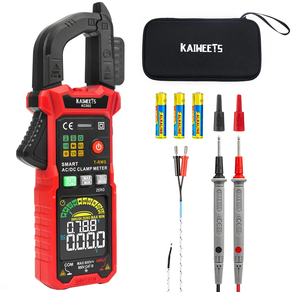 KAIWEETS 602 Digital Clamp Meter - 600A AC/DC - HD Color Screen & Intelligent Mode