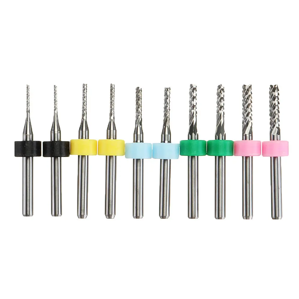 Drillpro 10Pcs Carbide End Mill & PCB Drill Bit Set | 1.0-3.0mm with Stop Ring