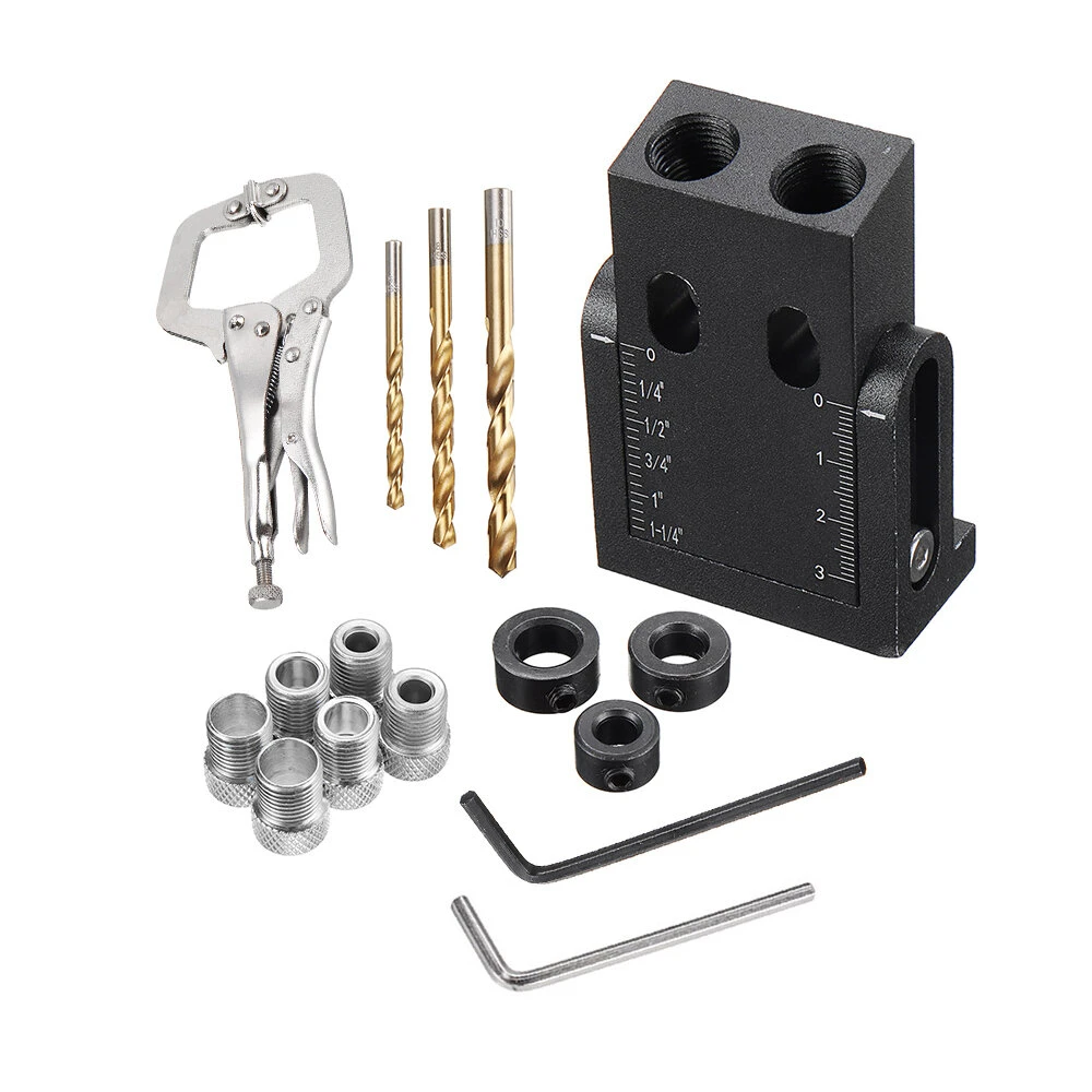 Drillpro 15pc Pocket Hole Jig Kit - 6/8/9.5mm Drill Guide with Titanium Bits