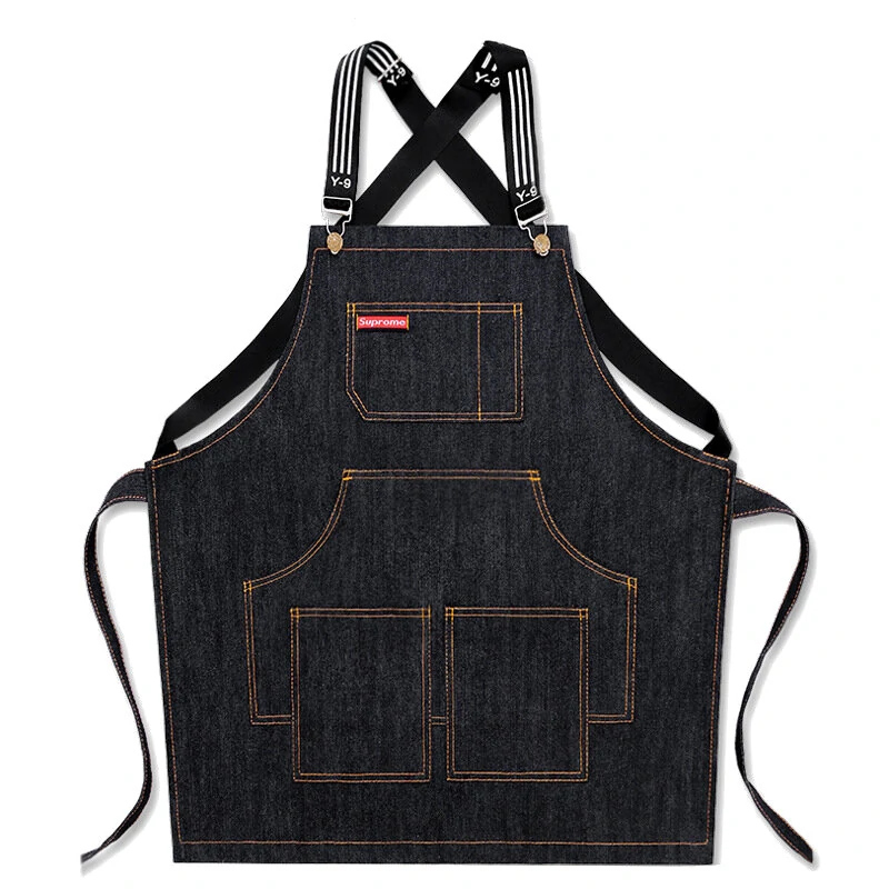 Denim Kitchen Cooking Apron - Adjustable Cotton Strap & Large Pockets - Blue
