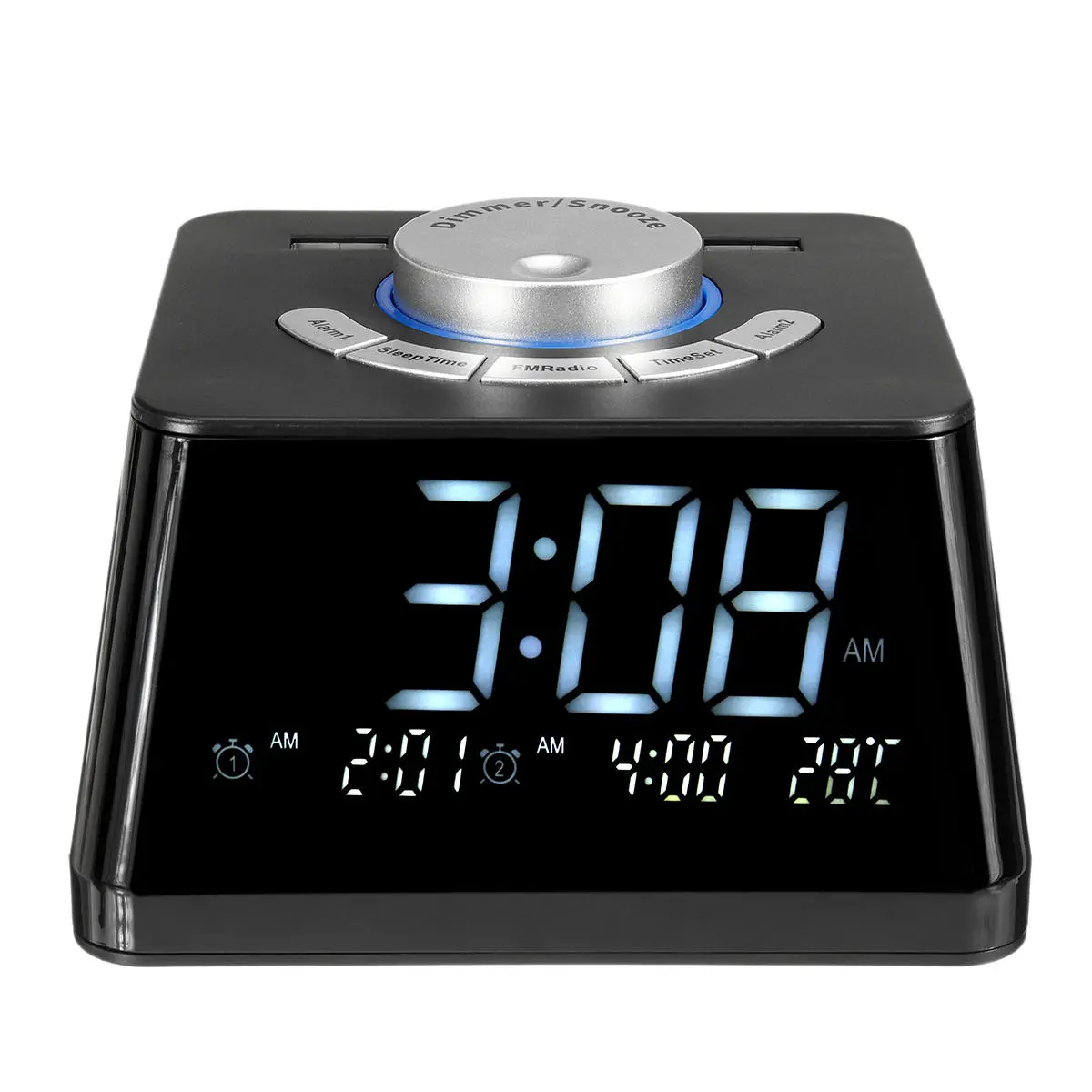 USB 2.0 Digital Alarm Clock - 5 Level Dimming, FM Radio, Multi-Function