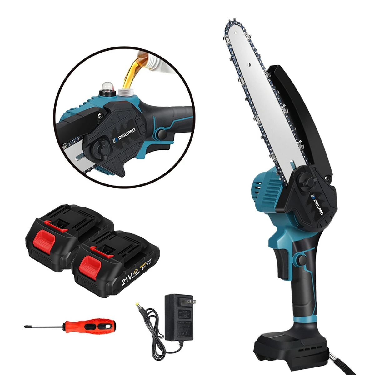 Drillpro 8 Inch Cordless Chainsaw - Brushless Motor & Auto Oiler - 18V Li-ion 7500mAh