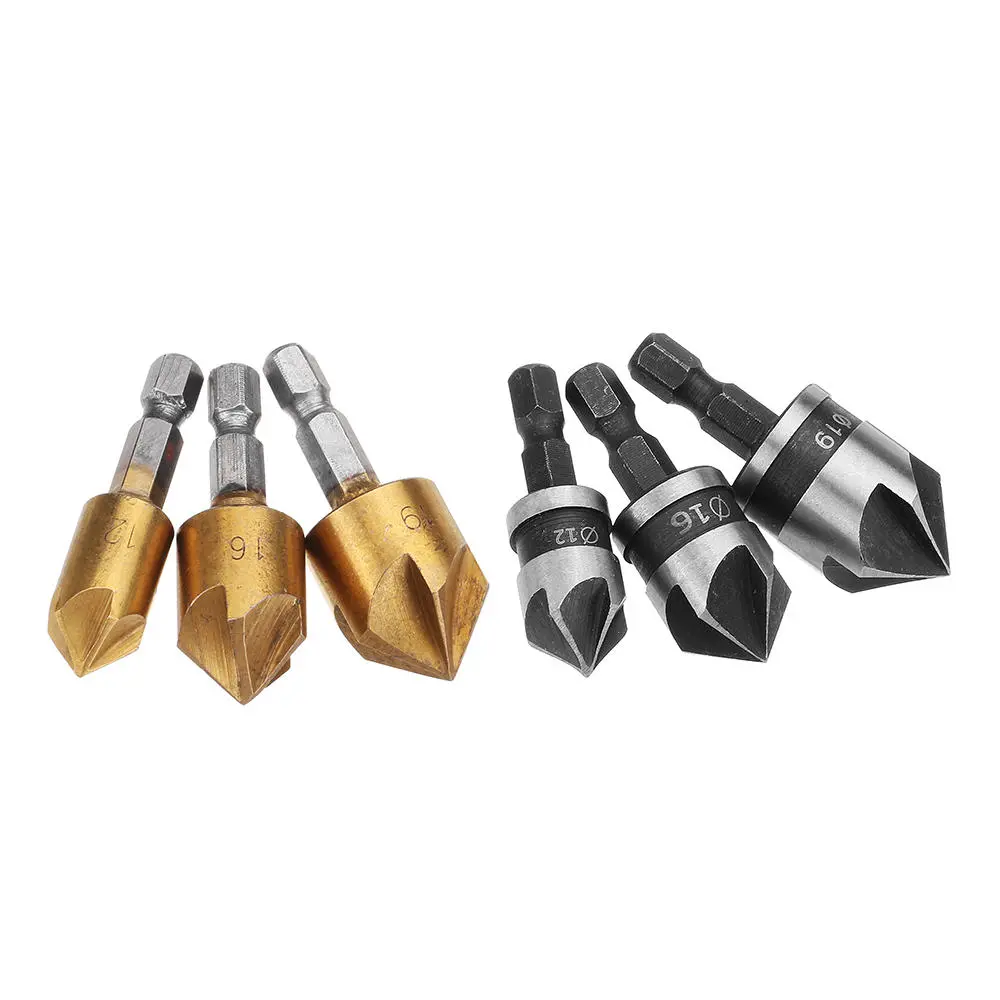 Drillpro 5 Flute Countersink Drill Bit Kit | 12/16/19mm | 1/4 Shank 3pc Set