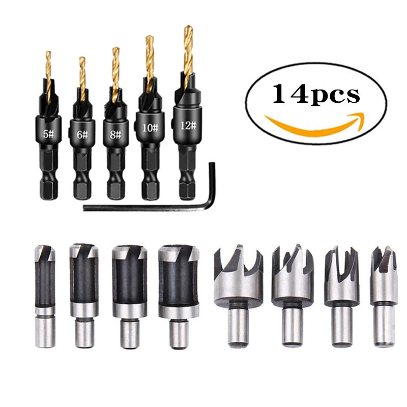 14pcs Wood Plug Cutter Drill Bit Set - Straight & Tapered - 5/8 1/2 3/8 1/4