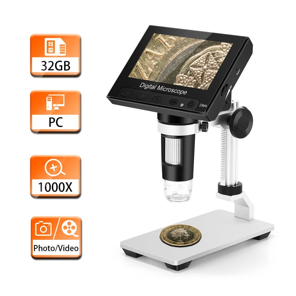 DM4 1000X Digital Microscope - 4.3 HD LCD with 32GB Card & Metal Bracket