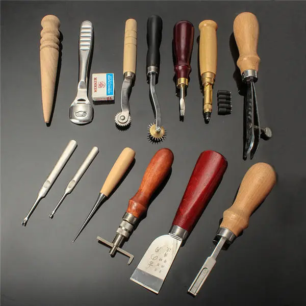 Leather Craft Tool Kit - 13Pcs Hand Awl Skiving Groover & Sewing DIY