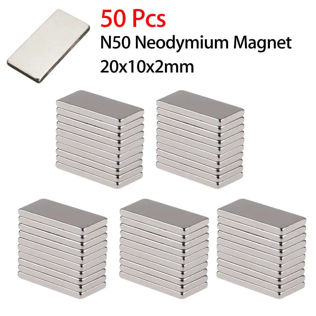 N50 Neodymium Magnets - 50pcs 20x10x2mm Block Super Strong Rare Earth