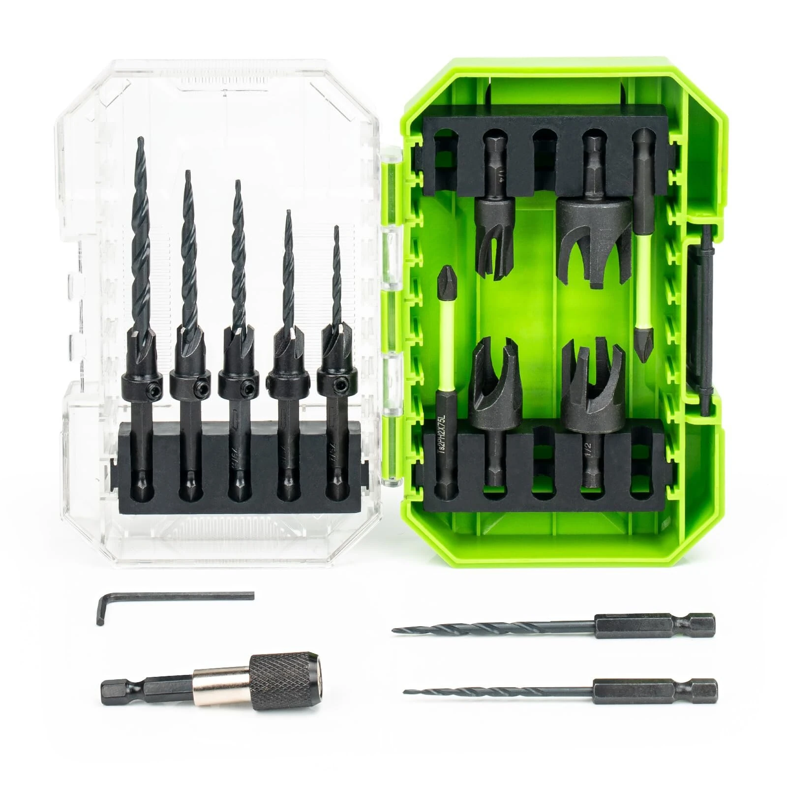 HSS Countersink Drill Bit Set - 15PCS with Adjustable Depth & Plug Cutters | Spiral Flute Woodworking Tool