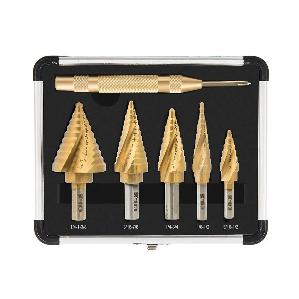 Drillpro 6Pcs Titanium Step Drill Bit Set | 1/8 to 1-3/8 Inch | with Punch & Case
