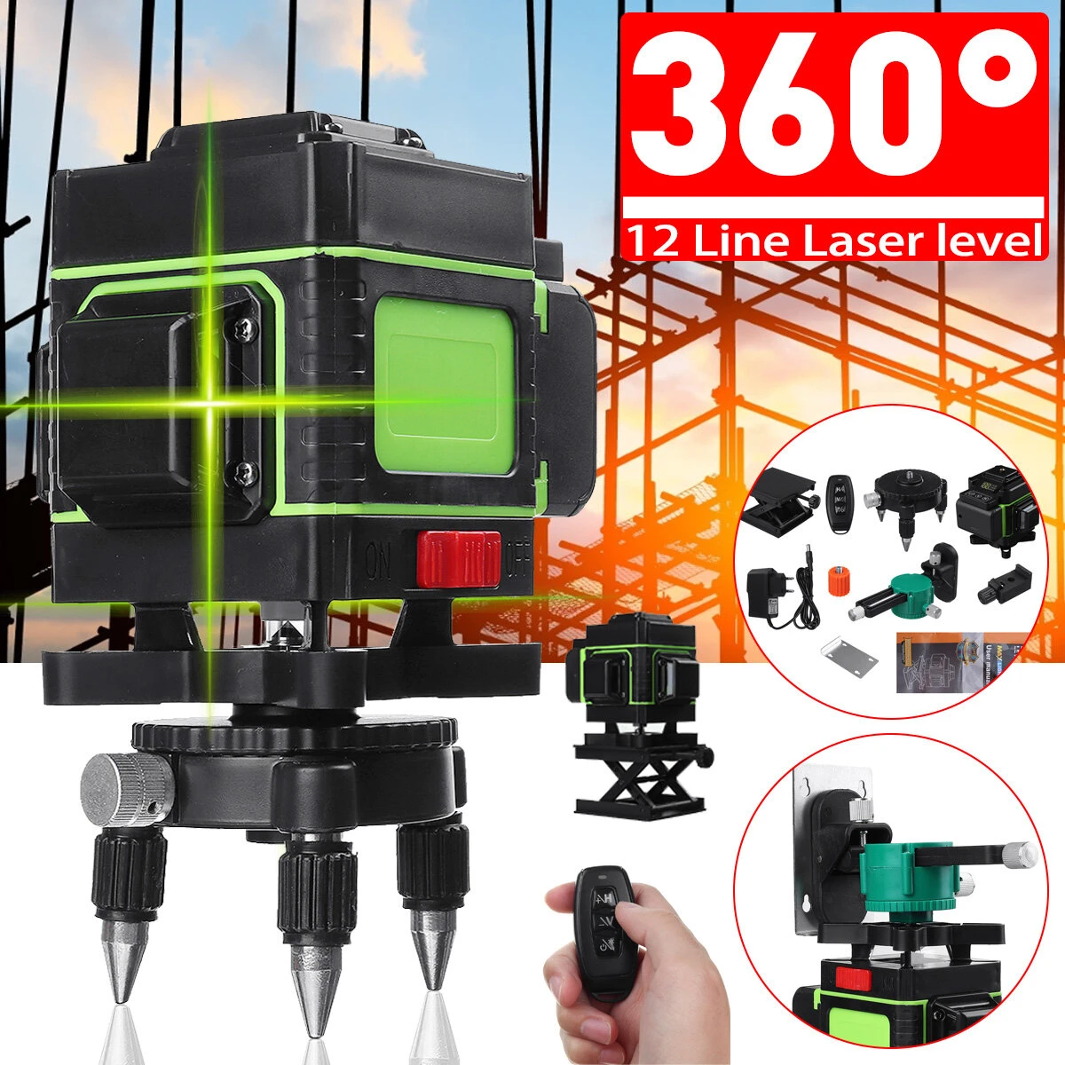3D Laser Level 12 Lines Green Light | 360 Self-Leveling Rotary Laser | EU Plug