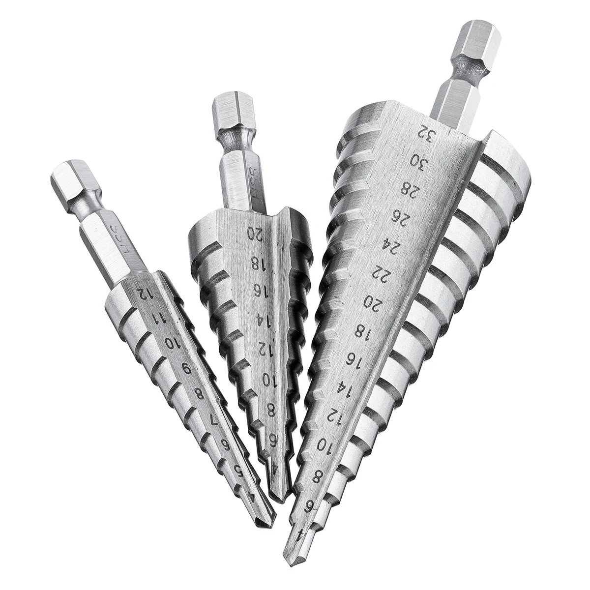 Mohoo 3pcs HSS Step Drill Bit Set | 4-32mm Cone Cutter with 4mm Twist Drill