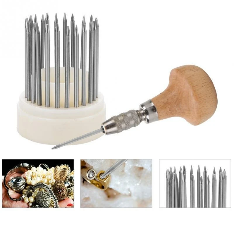 Diamond Bead Tool Set - 23-Piece Stone Inlay Kit With Wooden Handle | Jewelry Making