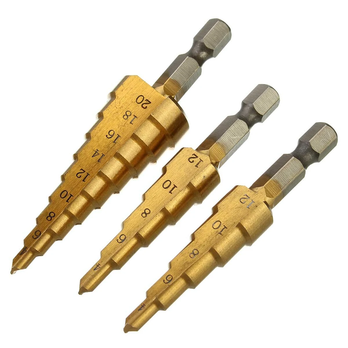 Drillpro 3Pcs HSS Titanium Step Drill Bit Set | 1/4 Inch Hex | 3-12/4-12/4-20mm