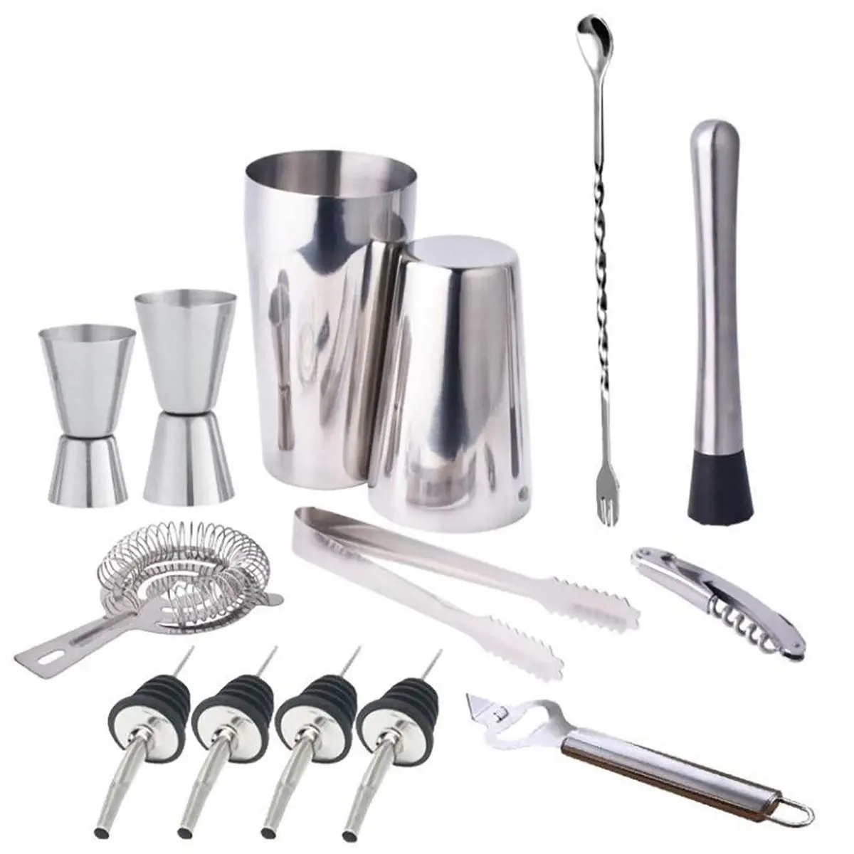 14Pcs Cocktail Maker Set - Bar Shaker, Twisted Spoon, Strainer & Wood Muddler