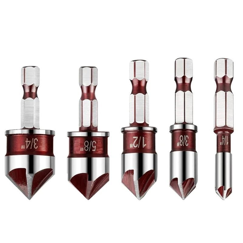 Premium Steel 5 Flute Countersink Drill Bits Set - Hex Shank 82 Degree Tip