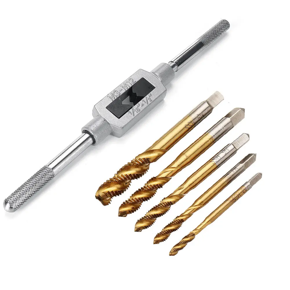 M3-M12 Hand Spanner with 5pcs Titanium Coated M3-M8 Spiral Tap Set