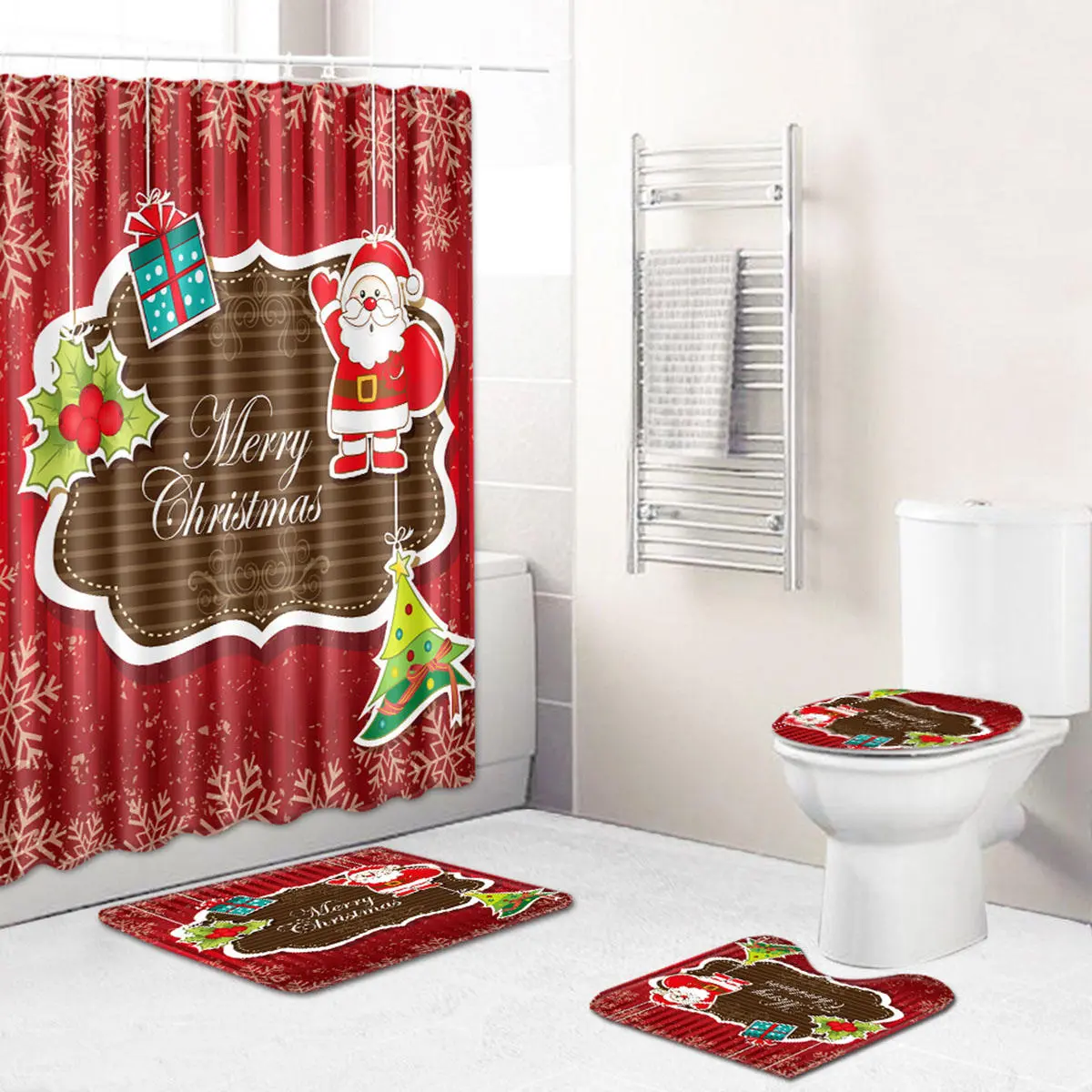 Christmas Santa Claus Waterproof Shower Curtain Set - Bath Mat & Toilet Cover