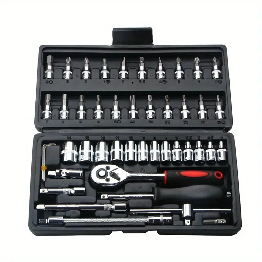 46PCS Professional Car Repair Tool Kit - Chrome Vanadium Ratchet Wrench Set - S2 Steel