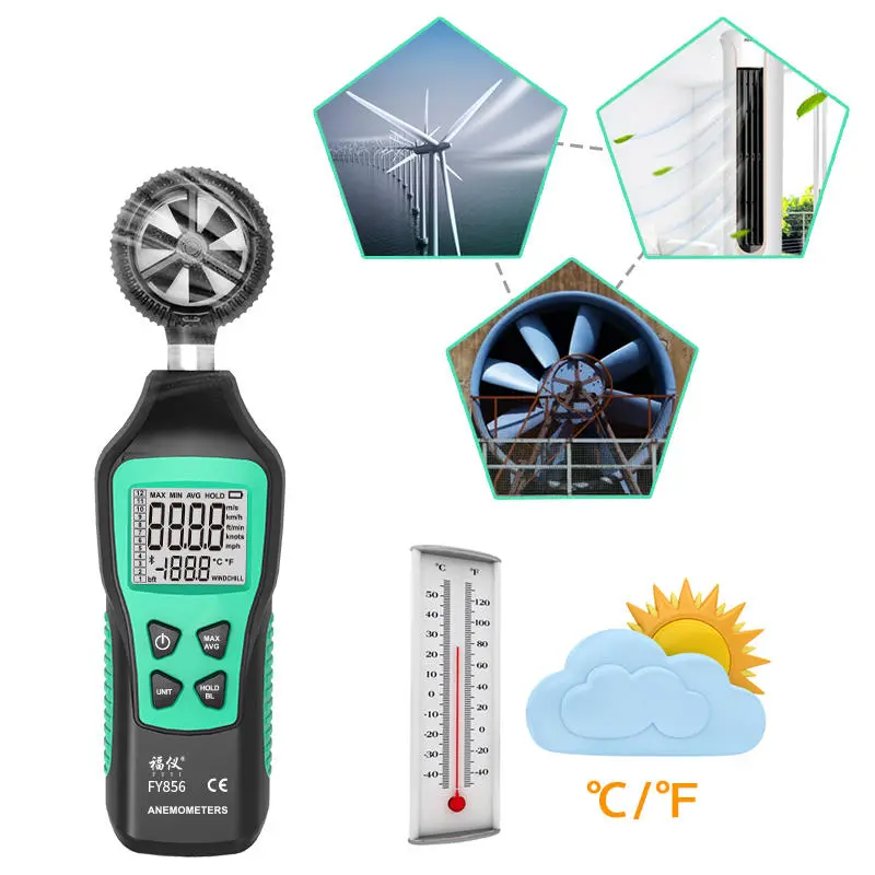 FUYI FY856 Digital Anemometer - Handheld Wind Speed Gauge with Thermometer