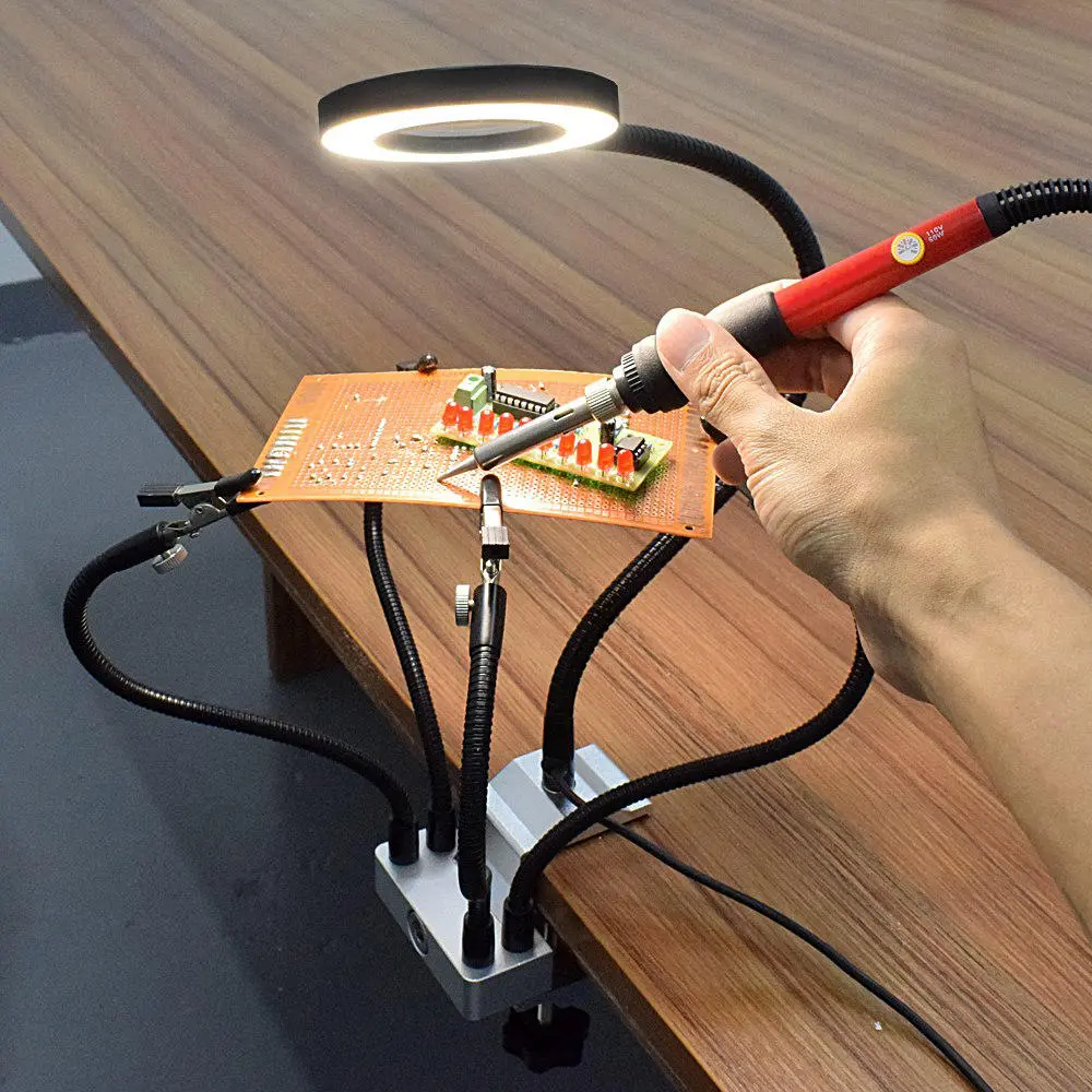 NEWACALOX USB LED 3X Magnifier Soldering Station | 5 Flexible Arm PCB Fixture & Bench Vise