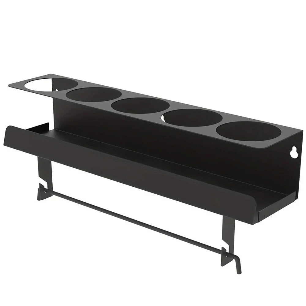 Wall-Mounted Storage Rack for 5 Spray Cans & Paper Towel Holder | Black Steel Tool Organizer