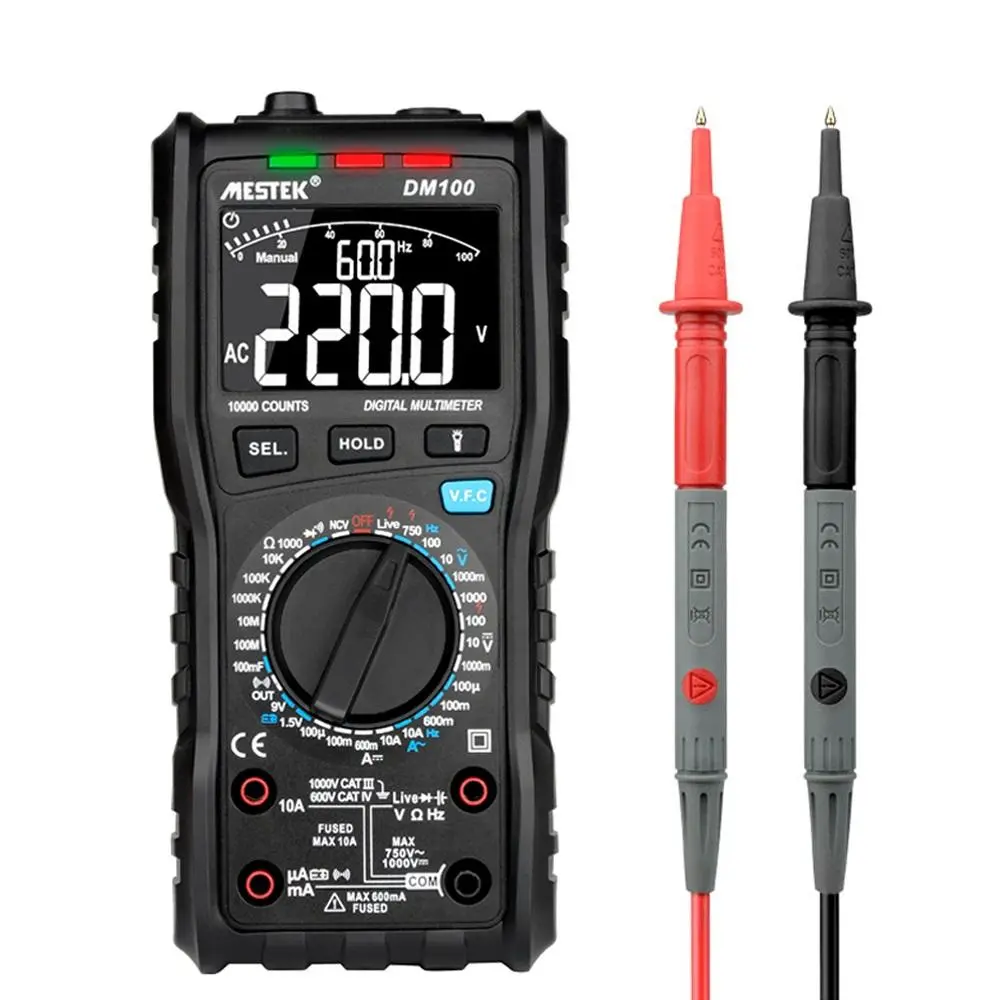 MESTEK DM100 Digital Multimeter | 10000 Counts, NCV, Temp, Anti-Burn Fuse