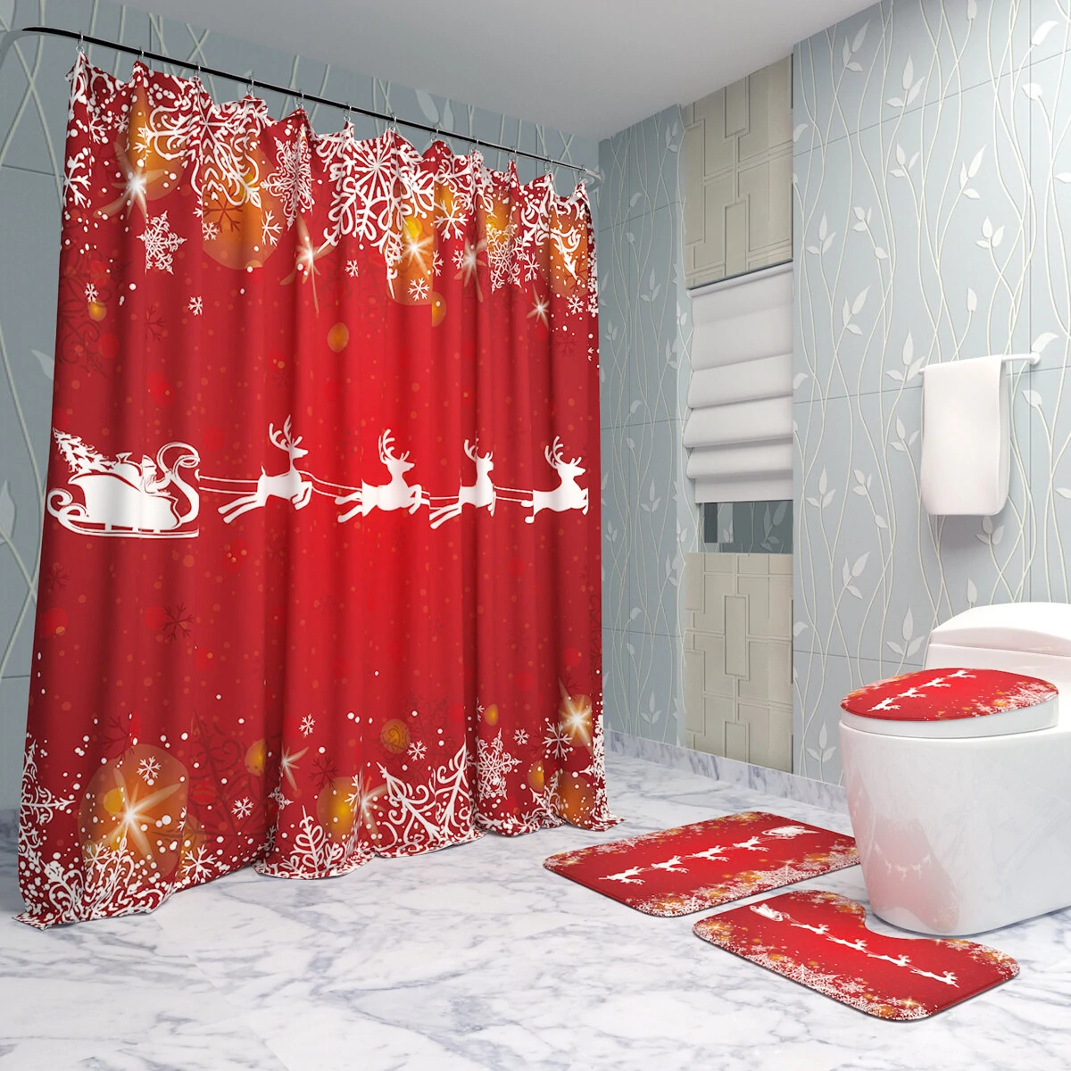 Christmas Decorations Shower Curtain Mat - 180x180cm Anti-Slip Bathroom Rug