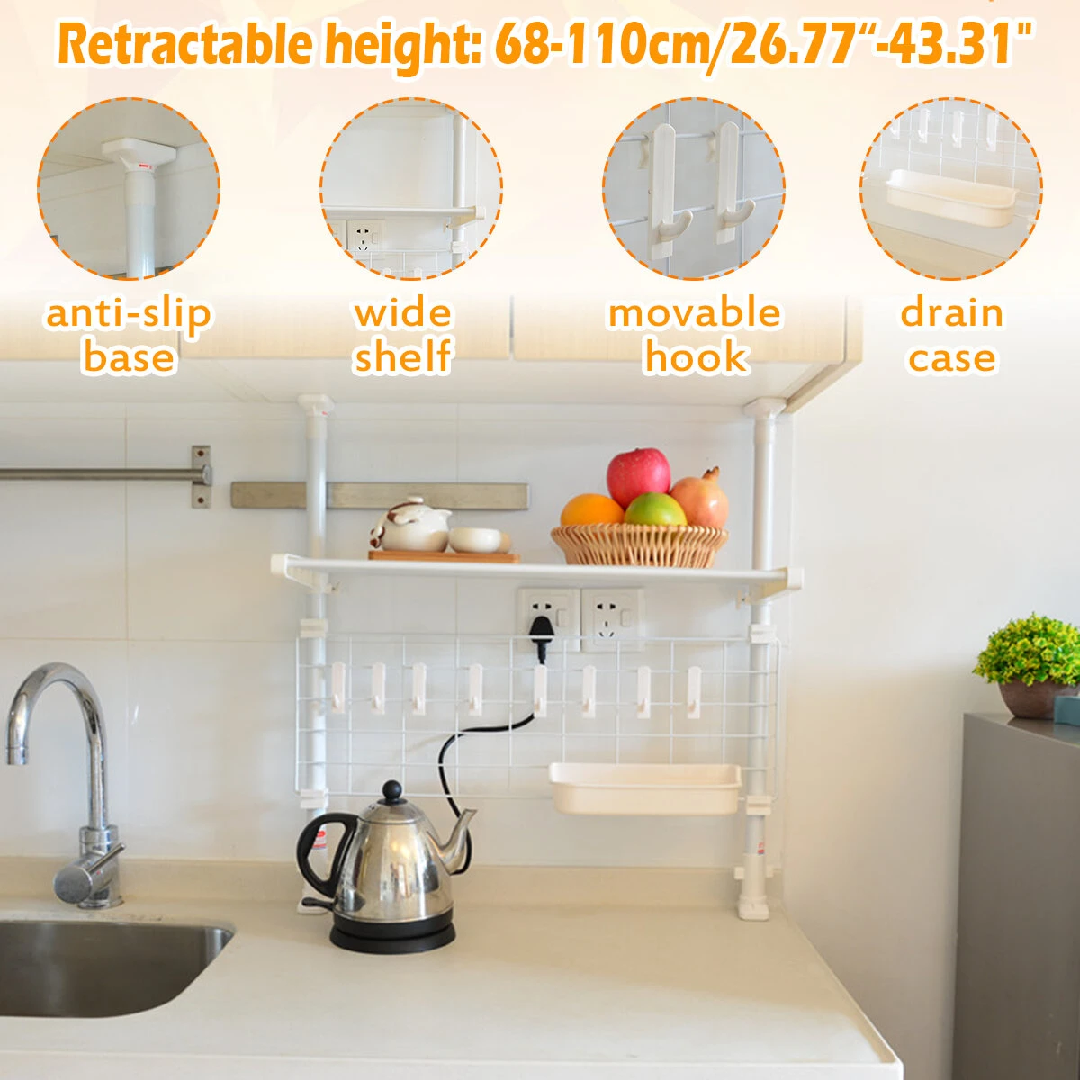 Retractable Kitchen Storage Rack with 8 Hooks - Plate & Pot Shelf for Microwave Oven