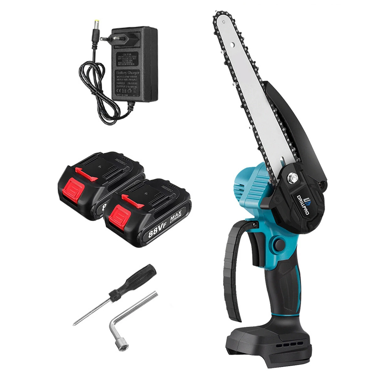 Drillpro 8 Inch Cordless Chainsaw - 3000W Brushless Motor - 18V 7500mAh Battery