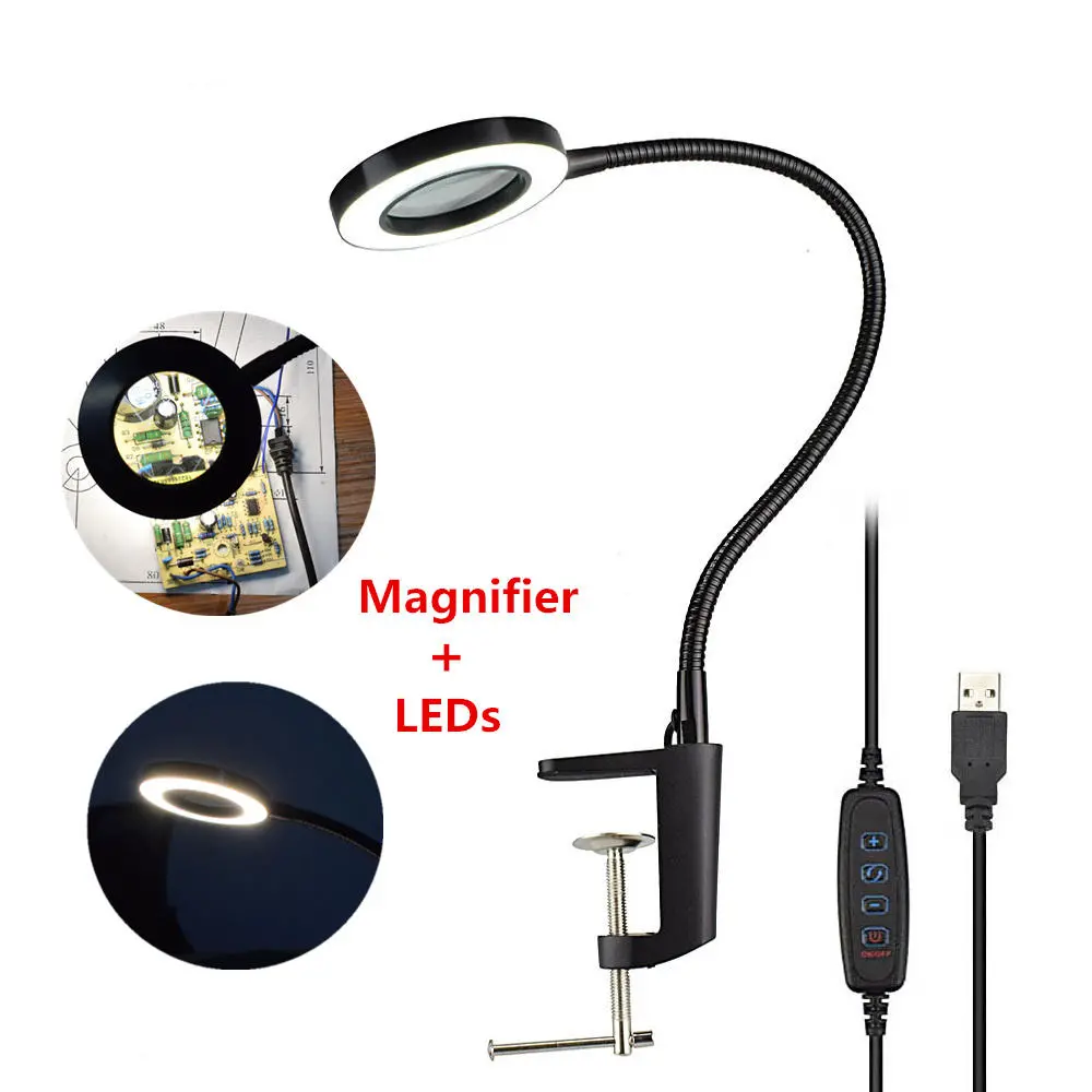 DANIU USB Magnifying Glass with 42 LED Lights | 3X Bench Vise Table Clamp & Flexible Desk Lamp