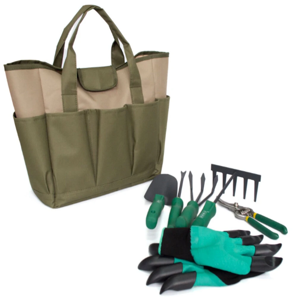 Garden Tool Set Organizer Tote - Lawn Yard Bag Carrier with Planting Tools