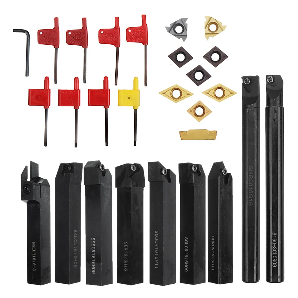Drillpro 9pcs Lathe Boring Bar Set - 16mm Shank with Carbide Inserts