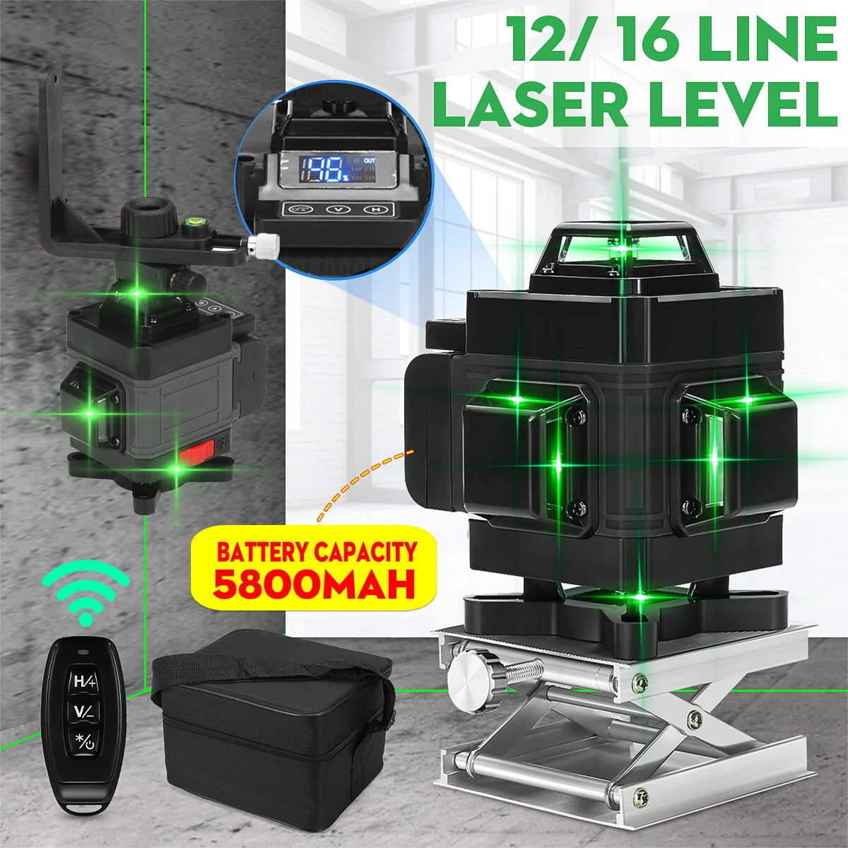 Green Light Laser Level - 12/16 Line Self-Leveling | 360° Rotary Measure Tool