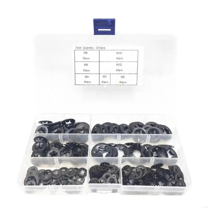 65 Steel Internal Tooth Washers Assortment 340Pcs - Black Coated M3-M10 | Corrosion Resistant for Automotive & Industrial Use