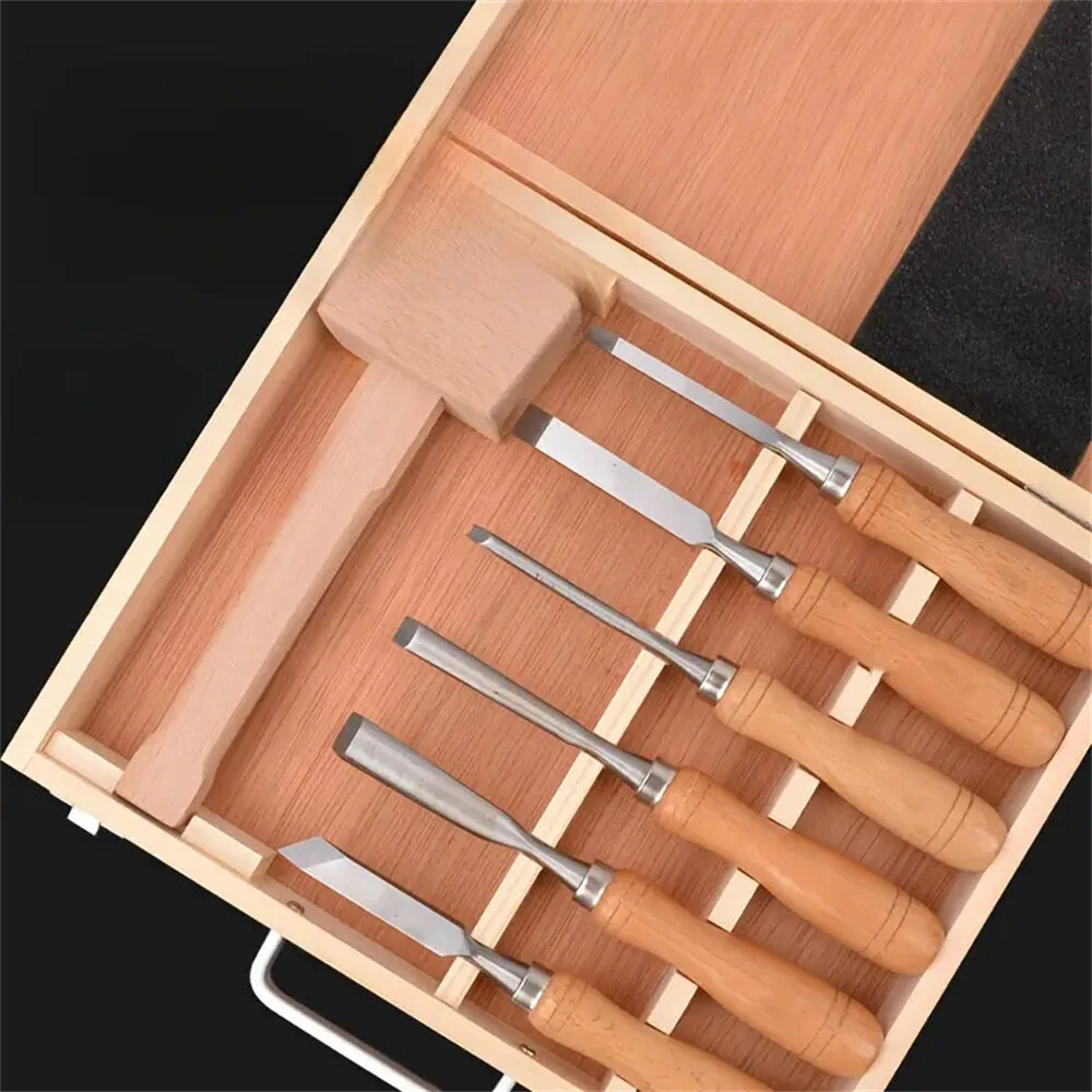 Premium Wood Turning Chisels Set - 7PCS with Flat Curved Skew & Hammer