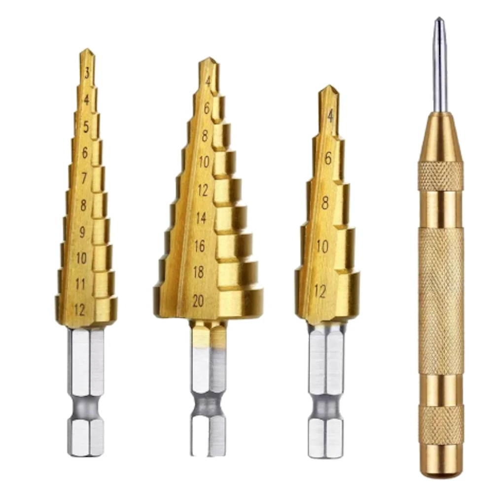 Drillpro 4-Piece Combo | Center Punch Locator & 3pc Step Drill Bits - Hex Shank