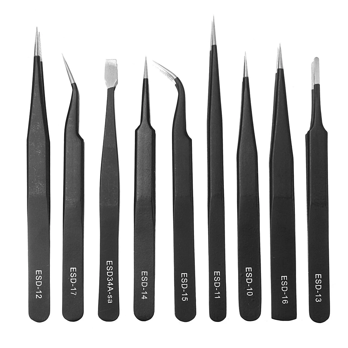 DANIU 9pcs ESD Anti-static Tweezers Set | Stainless Steel with Storage Bag