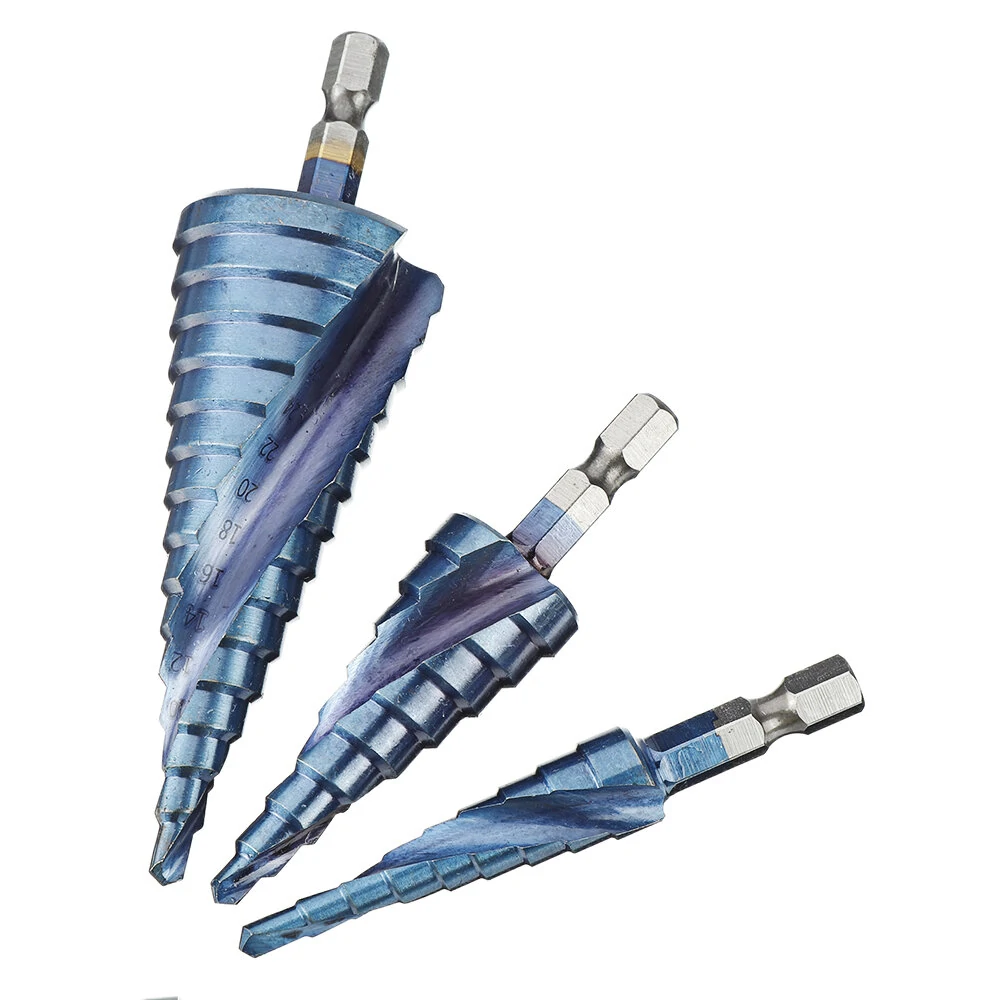 Drillpro 3Pcs HSS Step Drill Bit Set - 4-32mm Hex Shank | Blue-Plated