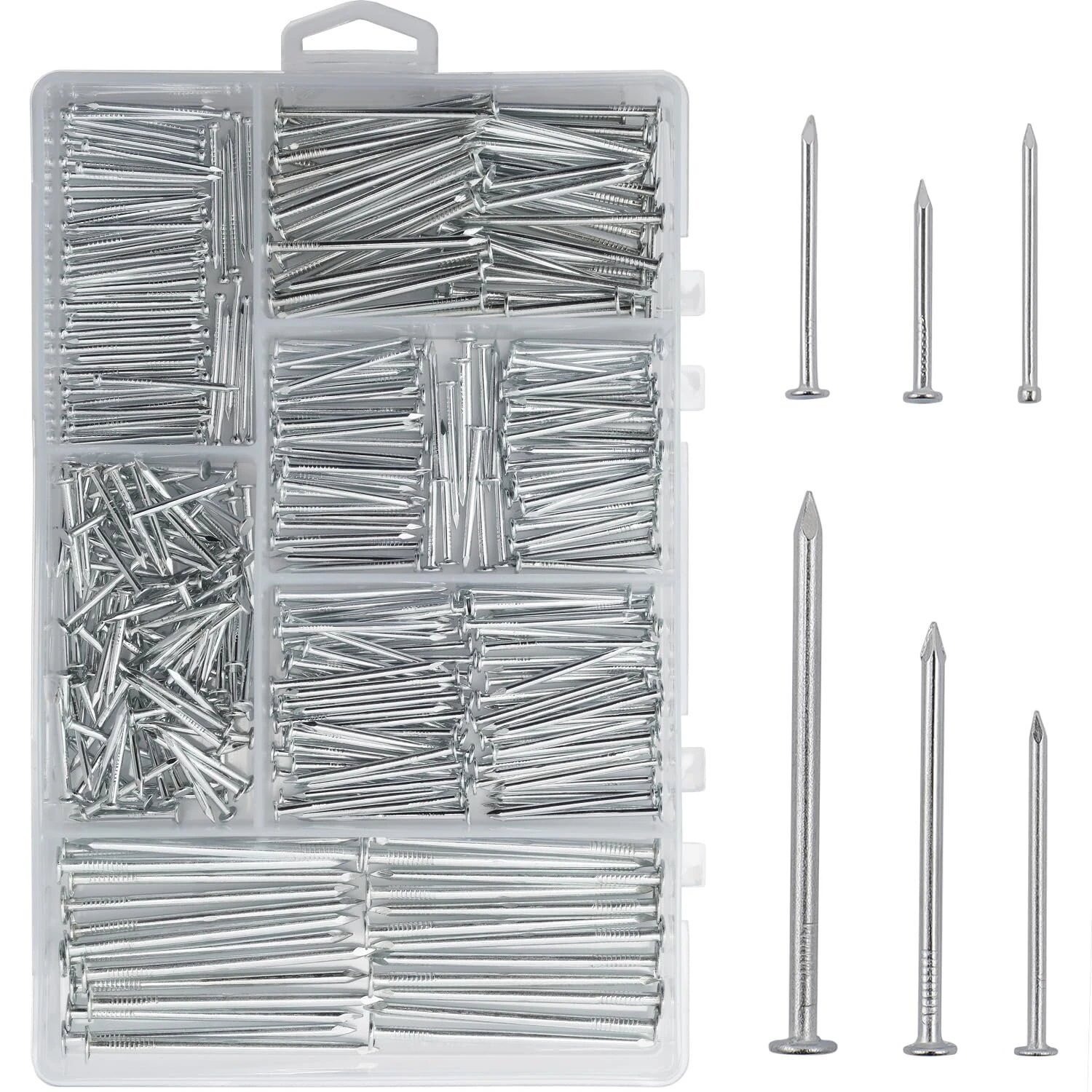 Premium Hardware Nails Assortment Kit - 376PCS Carbon Steel Galvanized - 2 to 3/4 Sizes - With Storage Box for DIY Woodworking