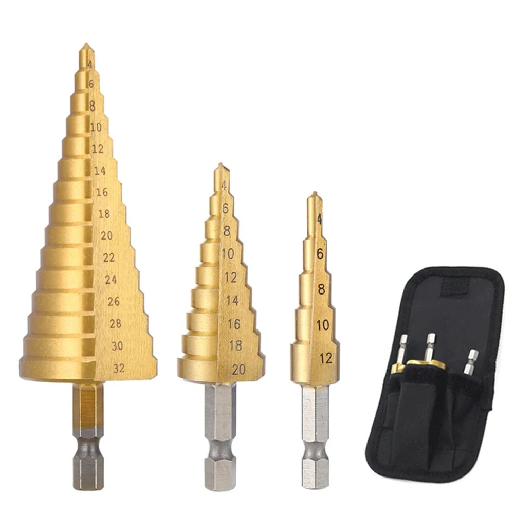 3PCS HSS Titanium Drill Bits Set | 4-32mm for Steel Wood Plastic | 3-Sided Shank & Portable Bag