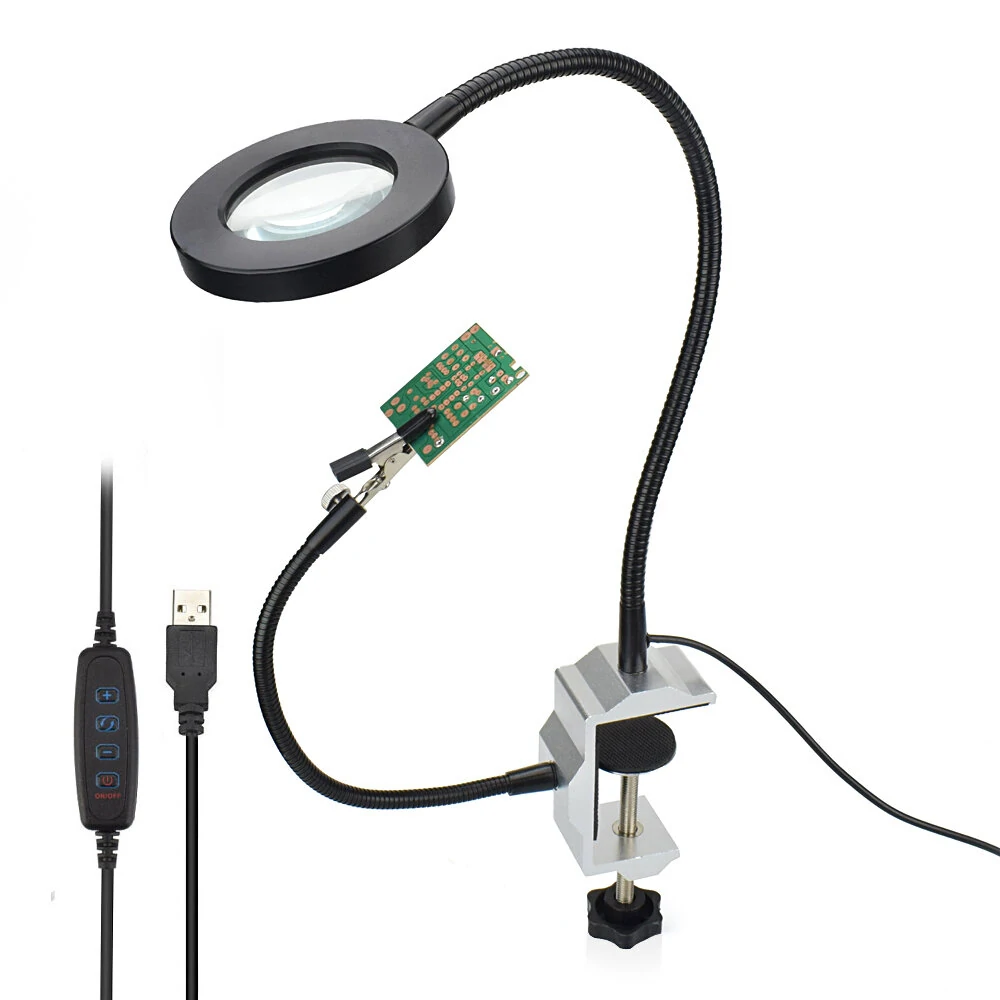 LED Soldering Helping Hand - 3X Magnifier with 2 Flexible Arms & USB Light | Table Clamp Station