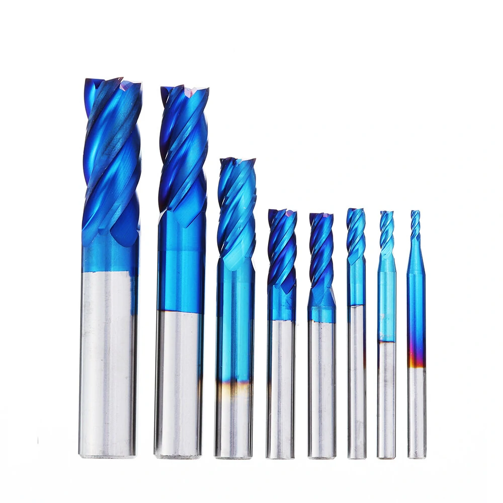 Drillpro 8Pcs Carbide End Mill Set | 4 Flutes 2-12mm | Naco Blue HRC50